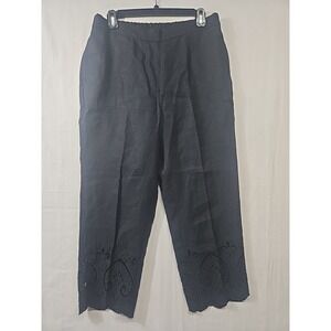 Chico's Black Linen Eyelet Cutout Pants Sz 6‎ (0.5) Pockets Elastic Waist Beach
